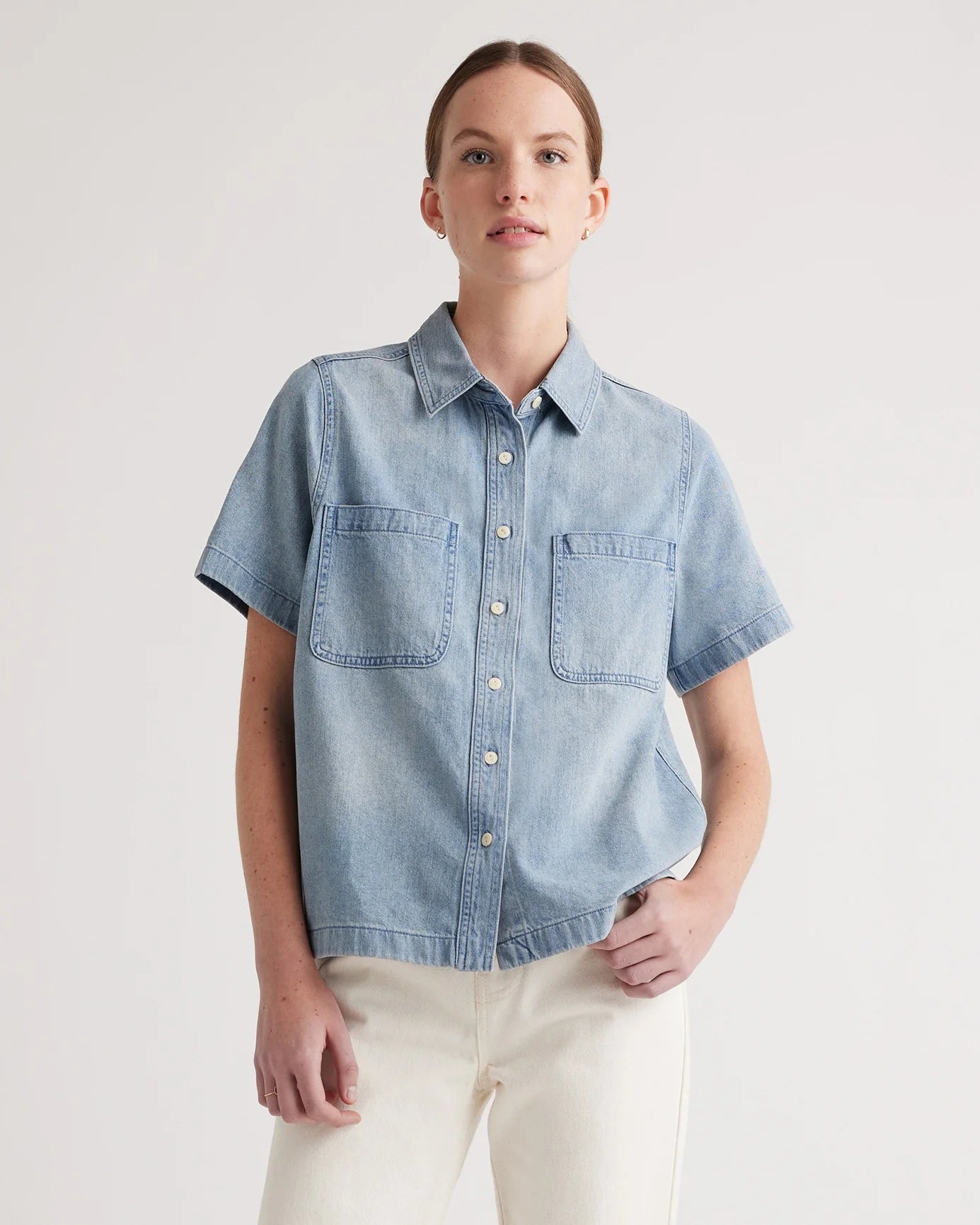 Distressed Denim Short Sleeve Shirt - XS / Light Chambray