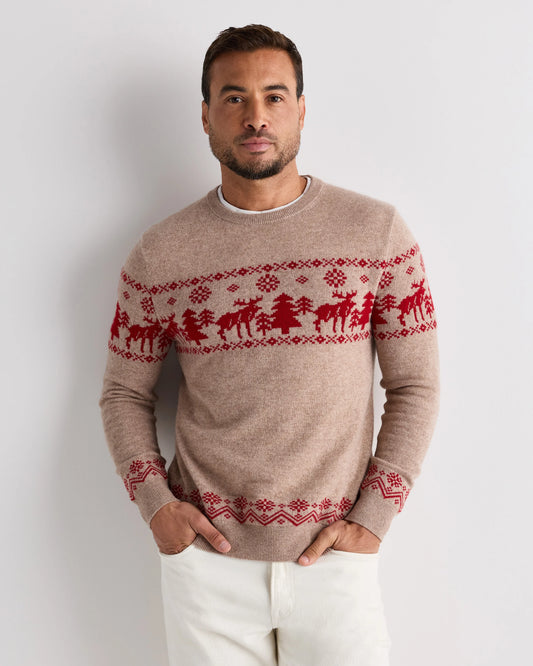 Mongolian Cashmere Fair Isle Christmas Sweater - S / Oatmeal/Varsity Red