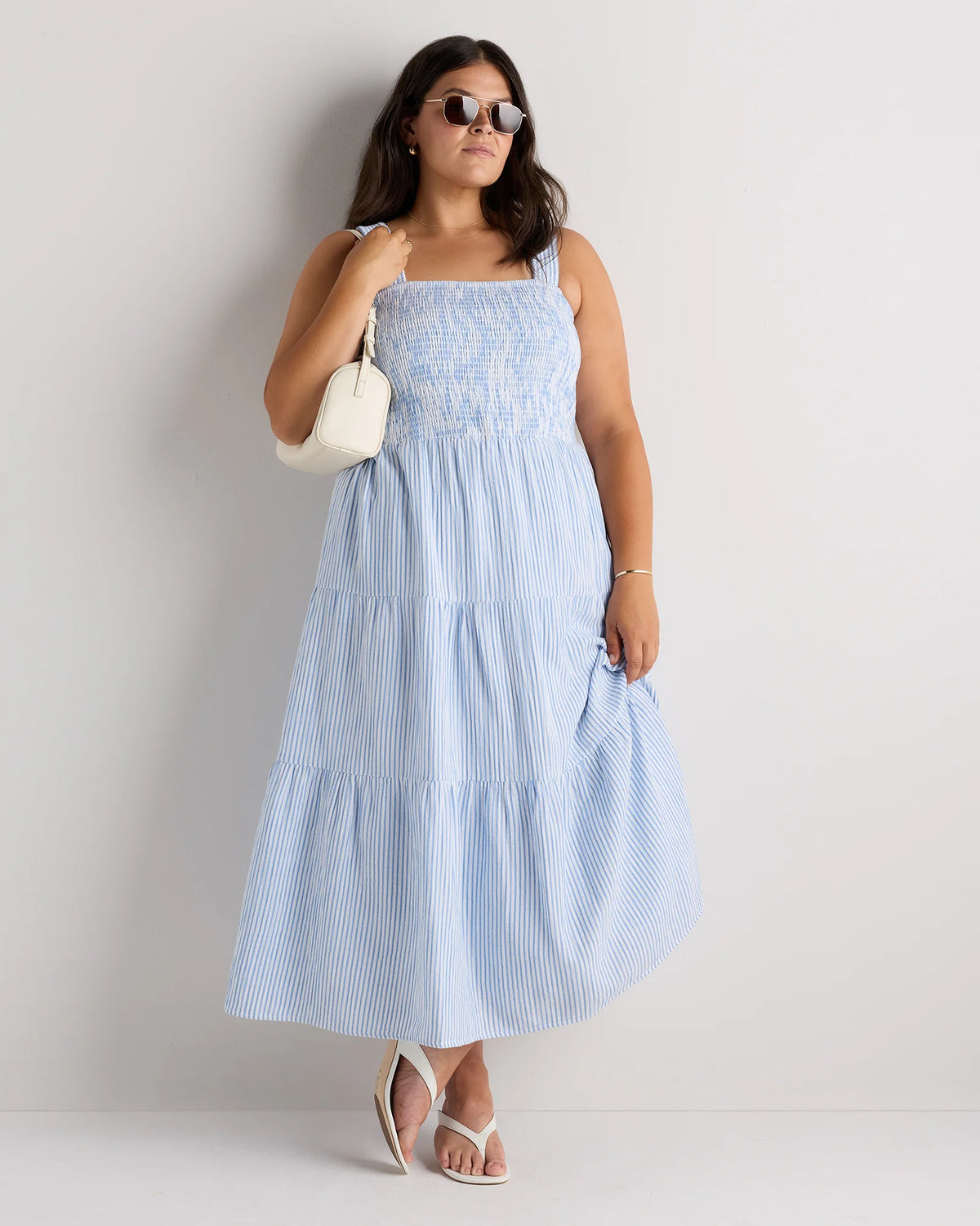 100% Organic Cotton Gauze Smocked Sleeveless Maxi Dress - 1X / Ocean Breeze