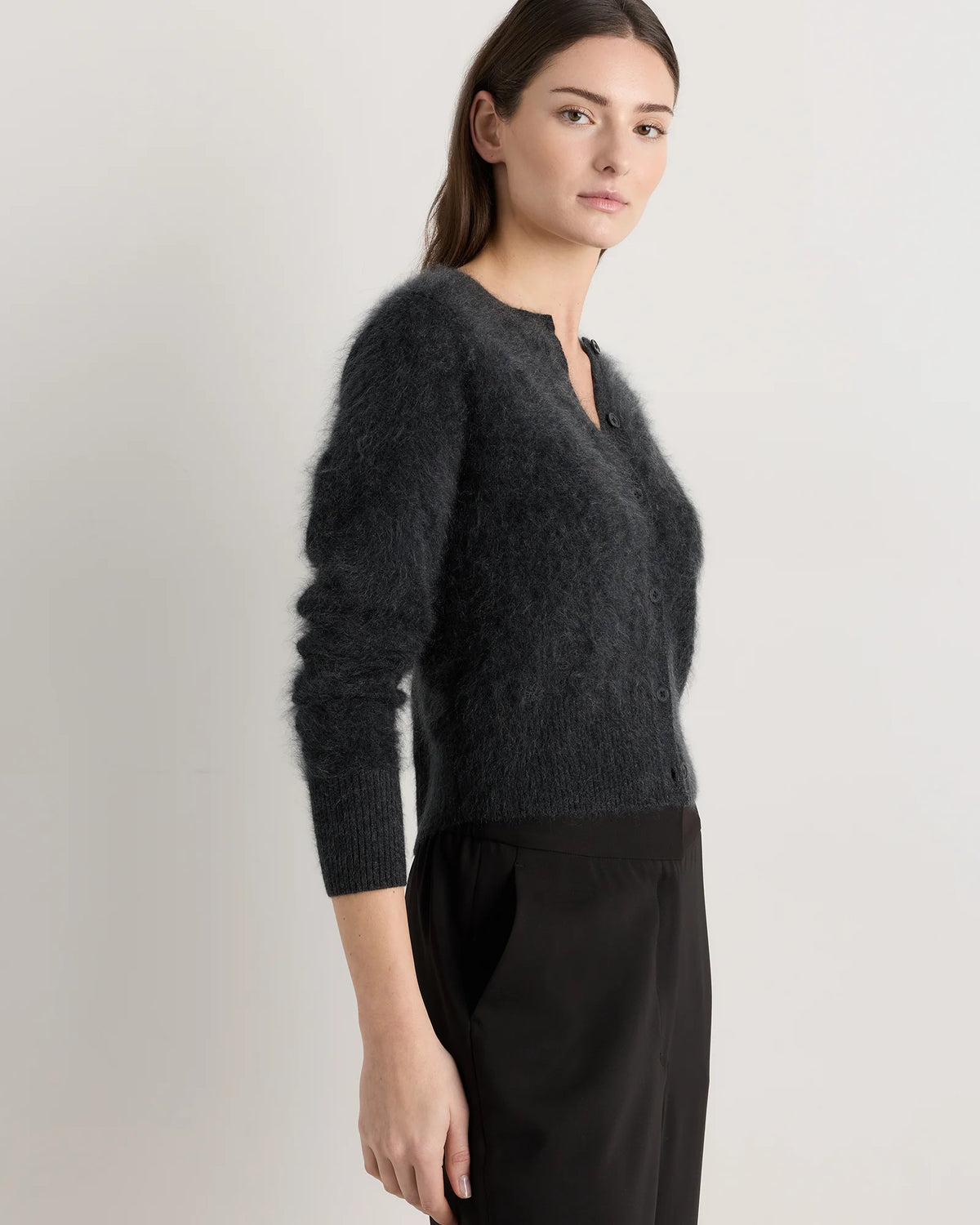Brushed Cashmere Cropped Crewneck Cardigan - XS / Heather Grey