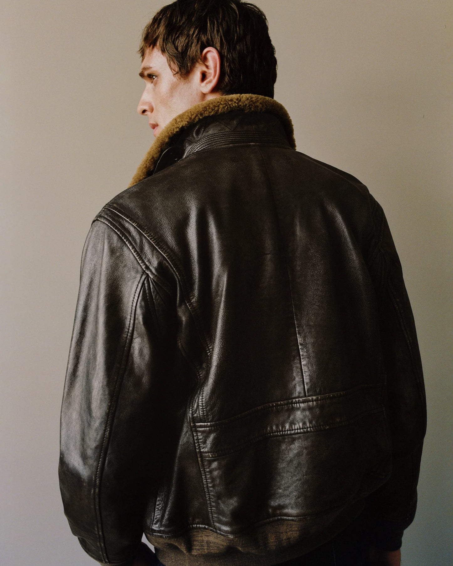 Shearling Collar Leather Flight Jacket - S / True Black