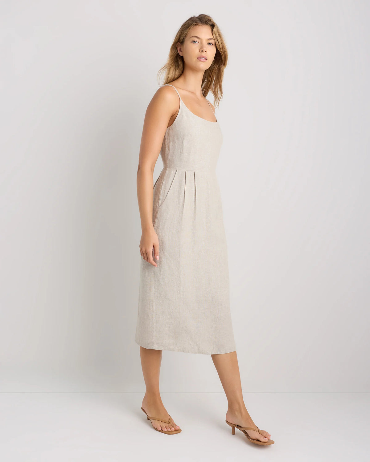 100% European Linen Scoop Neck Midi Dress - XS / Ivory Porcelain Blue Petite Floral