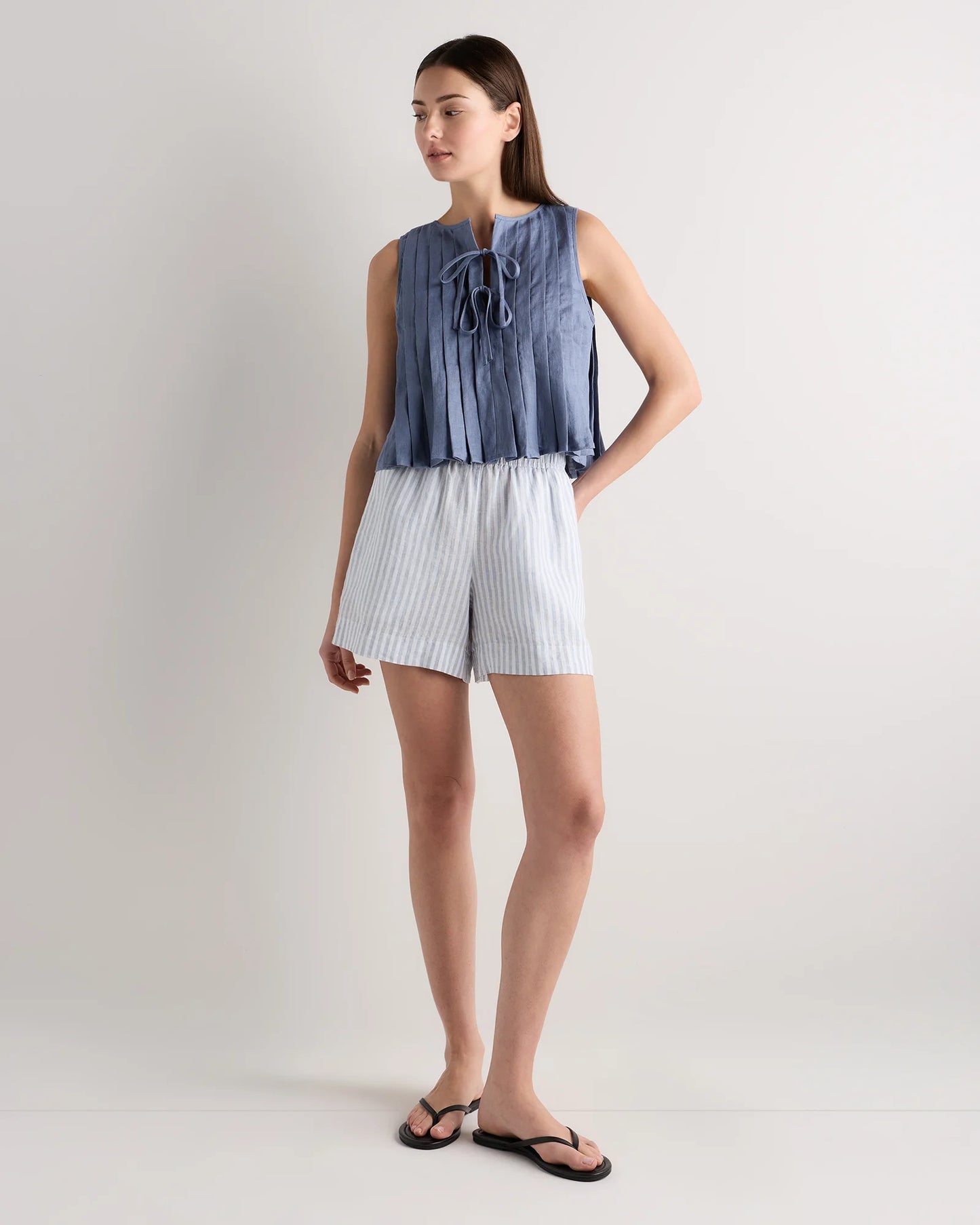 100% European Linen Pleated Tank - XS / Moonstone Blue