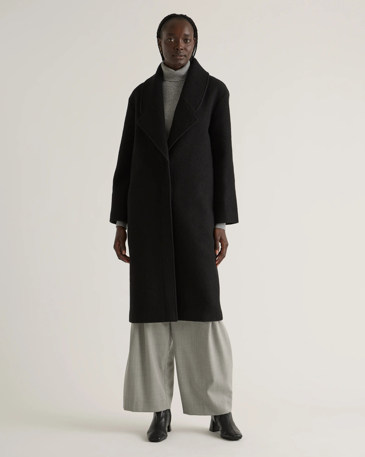 100% Merino Wool Shawl Collar Long Coat - XS / Heather Bone