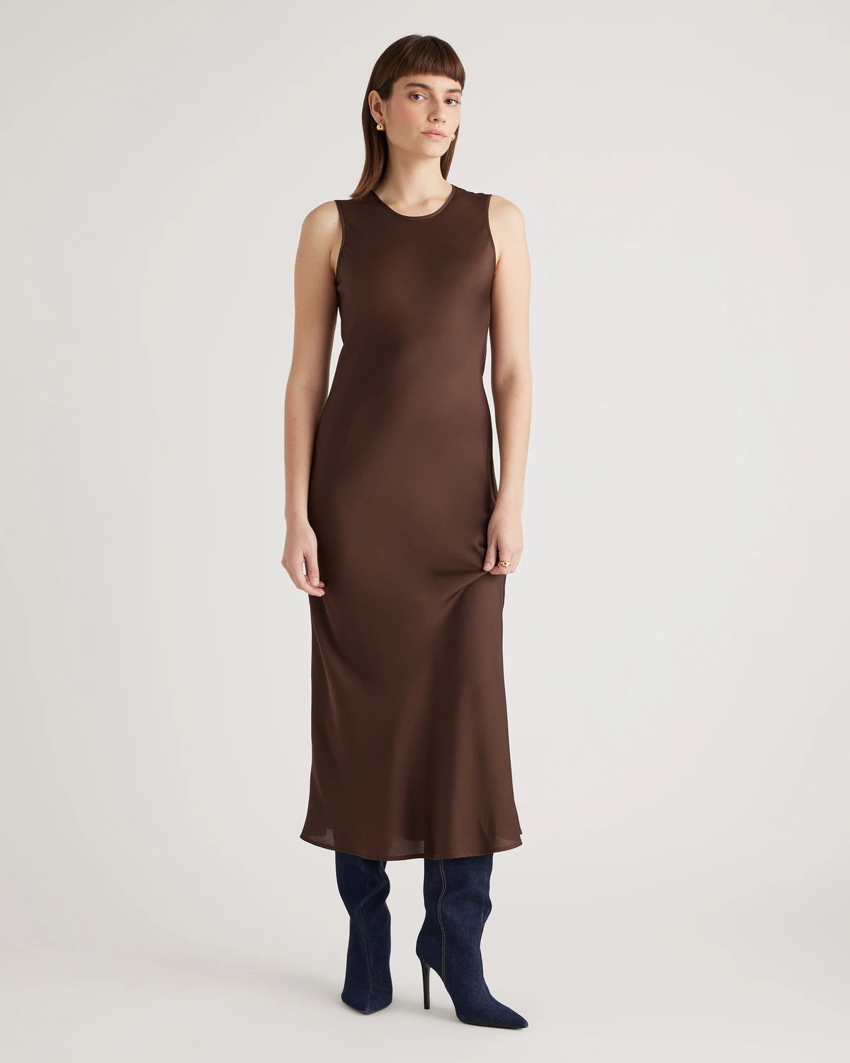 Washable Stretch Silk Tank Midi Dress - XS / Cordovan Red Hibiscus