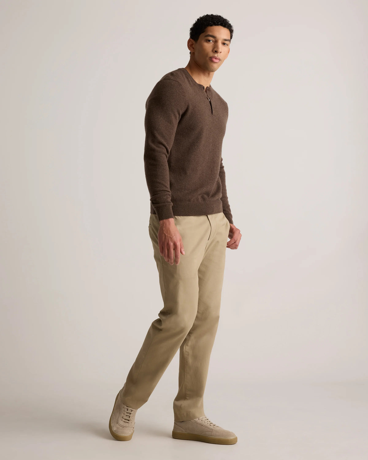 Mongolian Cashmere Henley Sweater - S / Brown