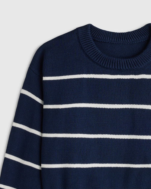 100% Organic Cotton Crewneck Sweater - 2T / Navy/White