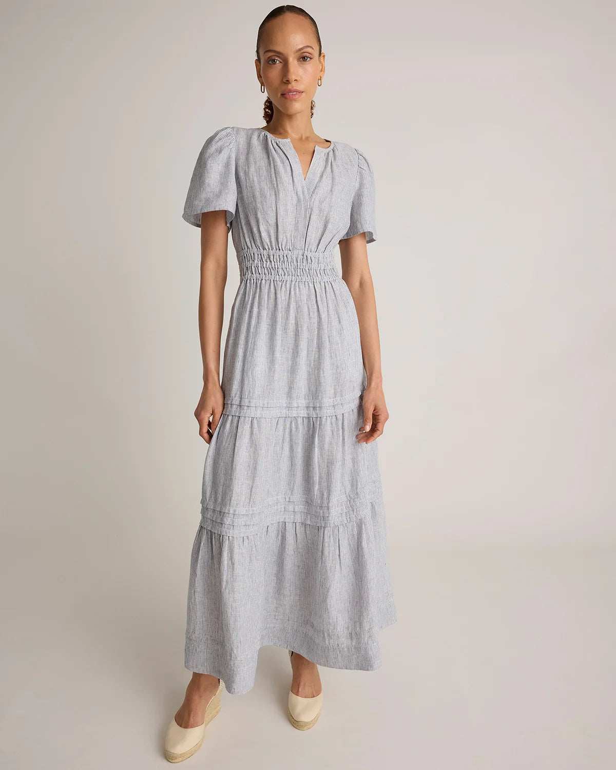 100% European Linen Tiered Maxi Dress - XS / Deep Navy