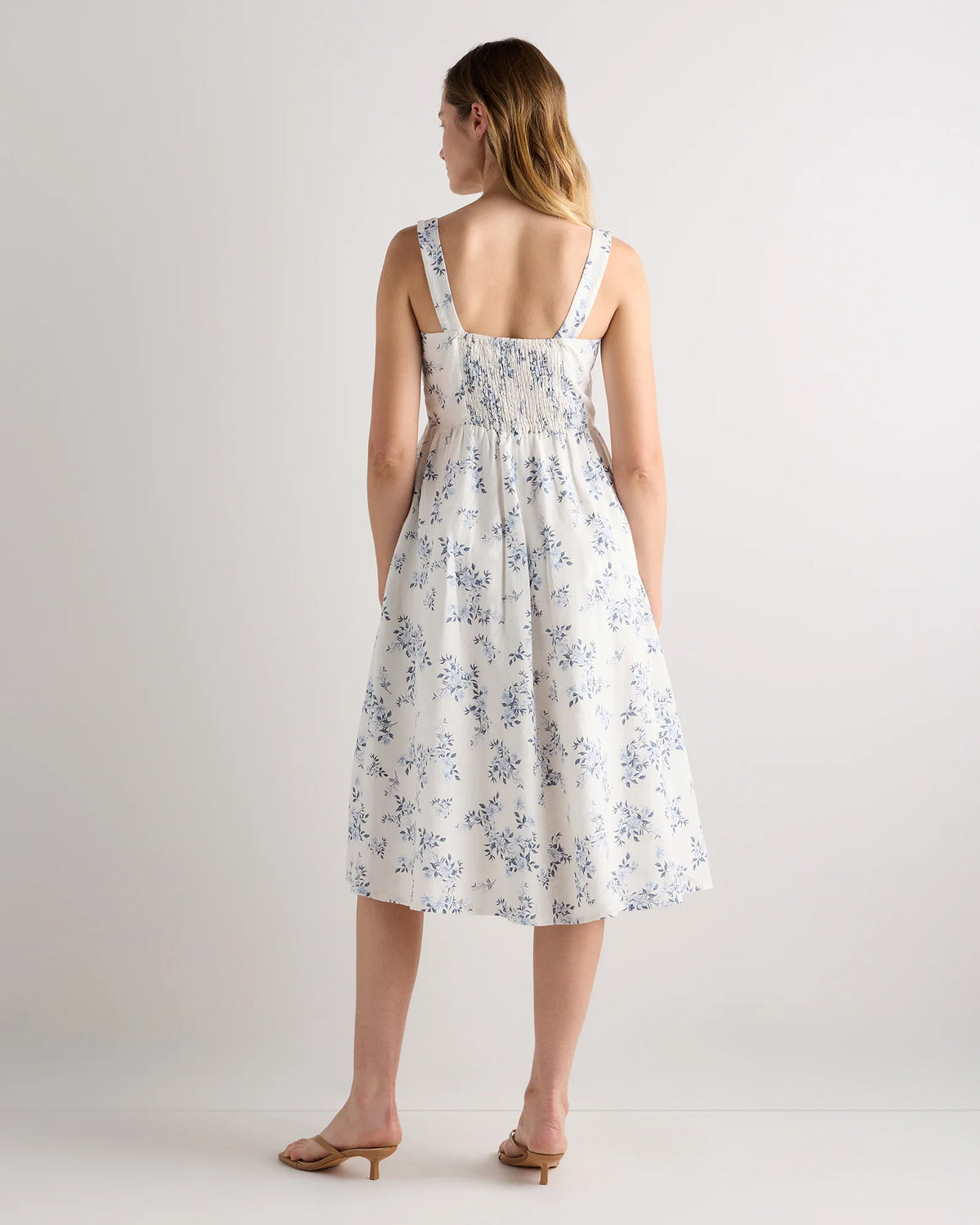 100% European Linen Fit & Flare Midi Dress - XS / Ivory Porcelain Blue Petite Floral