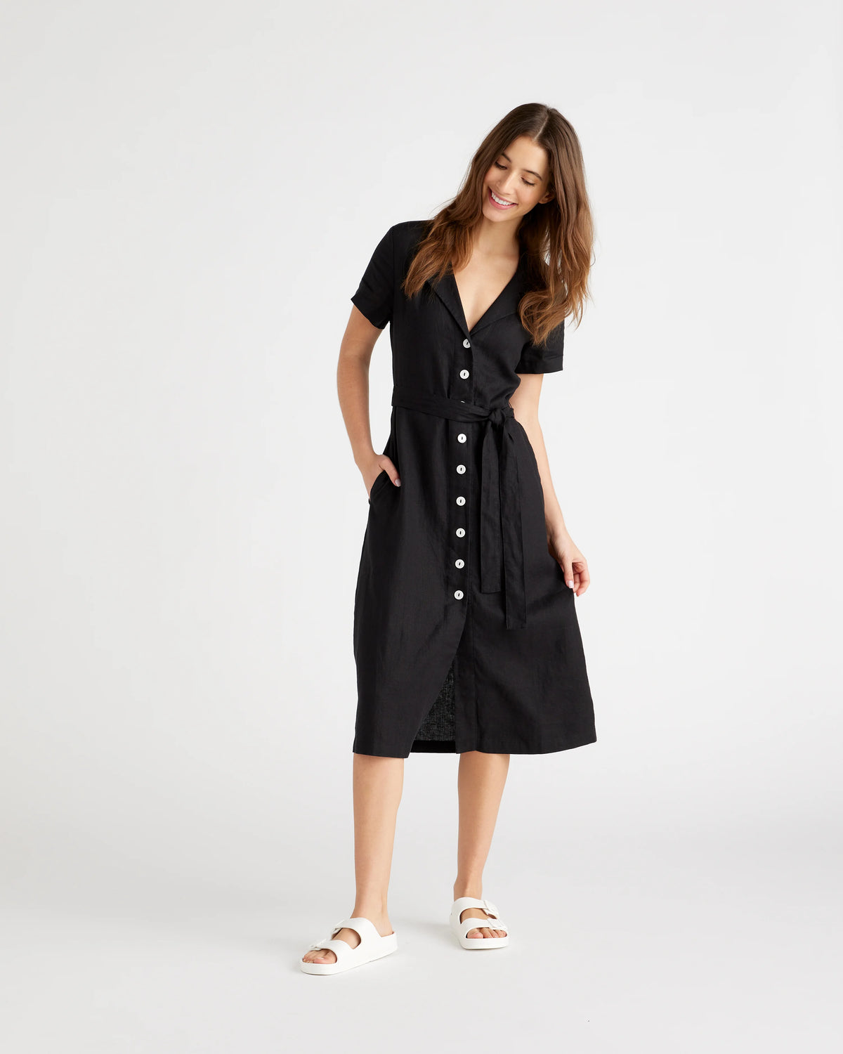 100% European Linen Button Front Dress - XS / Sky Blue Mariner Stripe