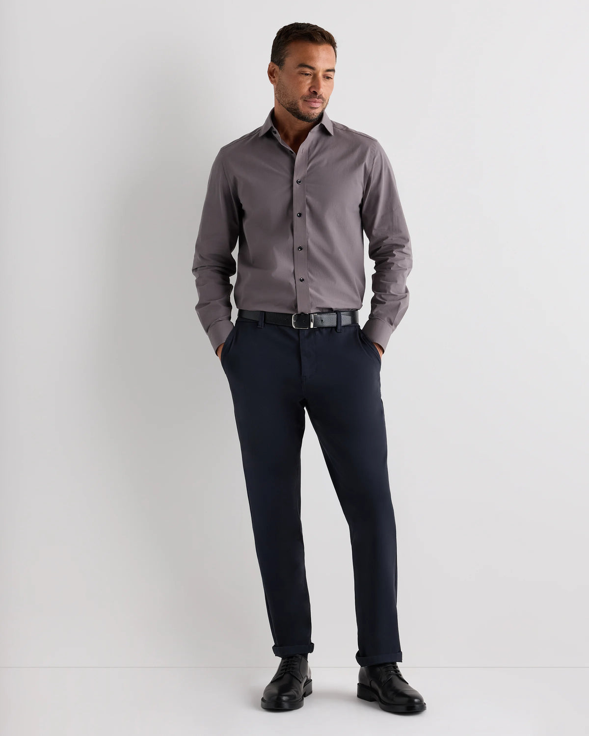 Organic Cotton Stretch Poplin Dress Shirt - S / White/Navy Minigrid