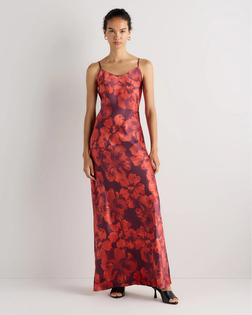 100% Washable Silk Maxi Slip Dress - XS / Cordovan Red Hibiscus