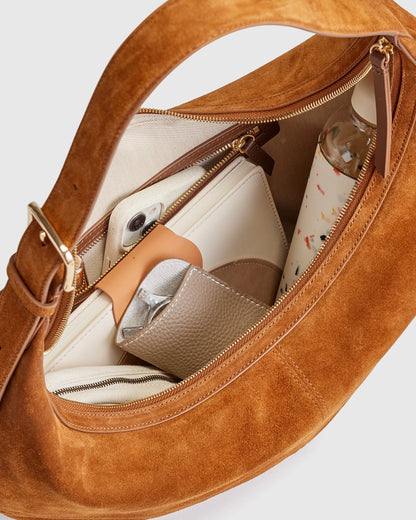 Italian Suede Crescent Shoulder Bag - One Size / Whiskey