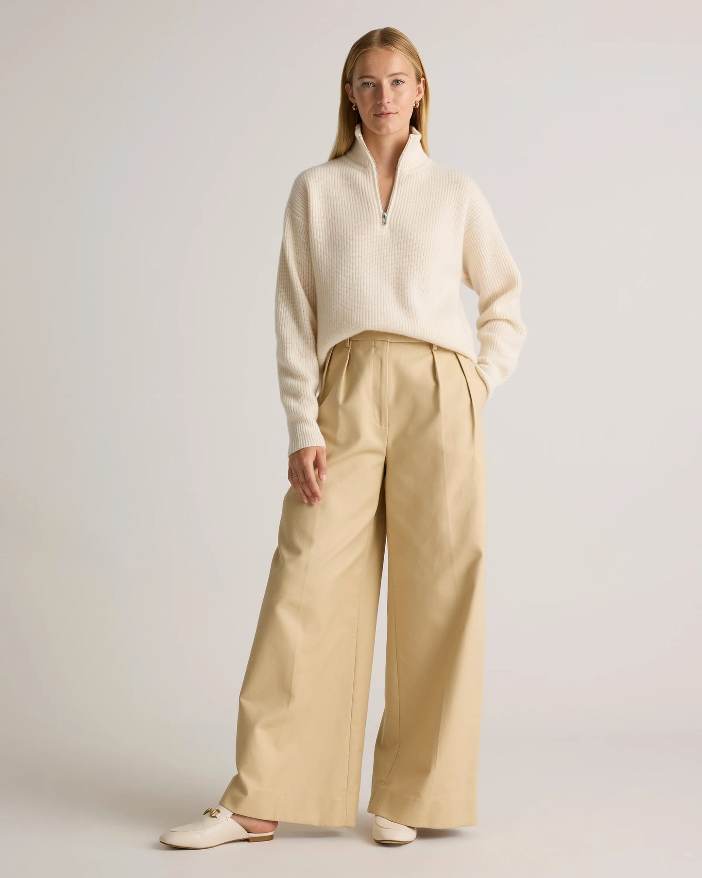 Mongolian Cashmere Fisherman Quarter Zip Sweater - XS / Ivory