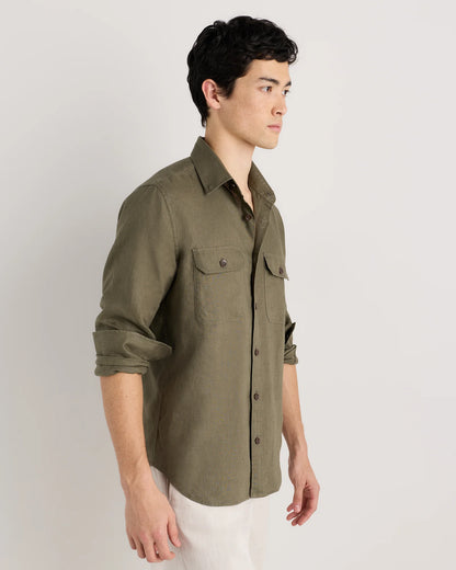 100% European Linen Utility Shirt - S / Taupe Brown Chambray