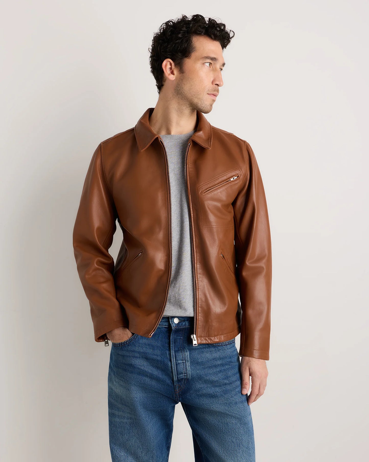 100% Washed Leather Moto Jacket - S / Dark Cognac Brown