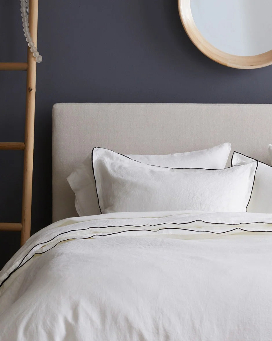 European Linen Double Embroidered Edge Duvet Cover Set - Twin / Sand with Terracotta Embroidery