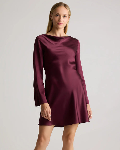 100% Washable Silk Long Sleeve Mini Dress - XS / Wine Tasting Red