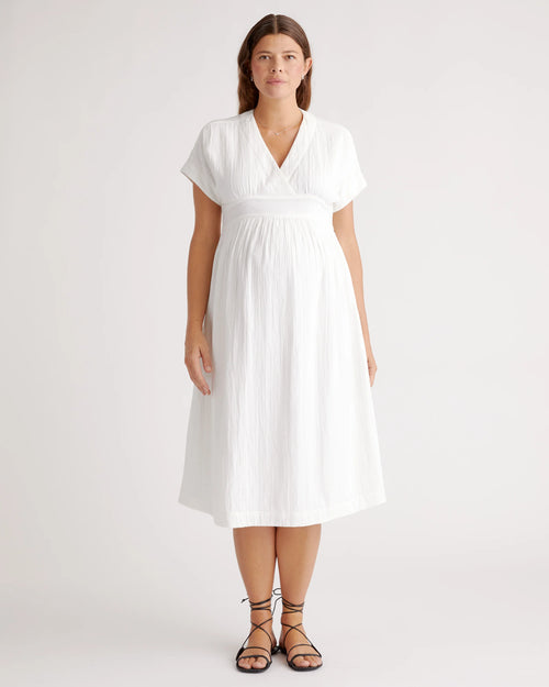 Organic Cotton Gauze Maternity Midi Dress - XS / White