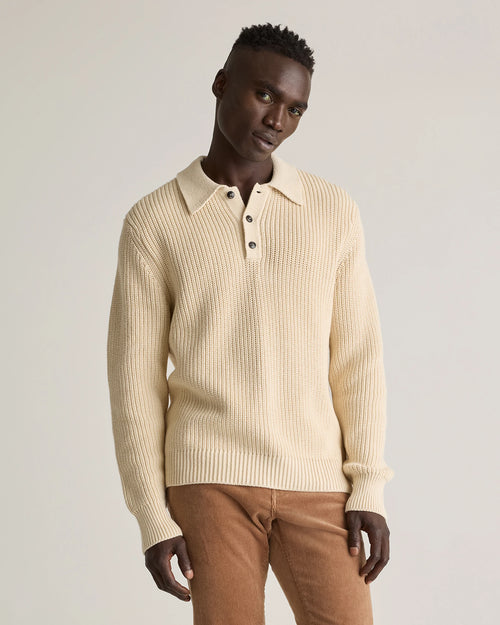 100% Organic Cotton Fisherman Polo Sweater - S / Alabaster