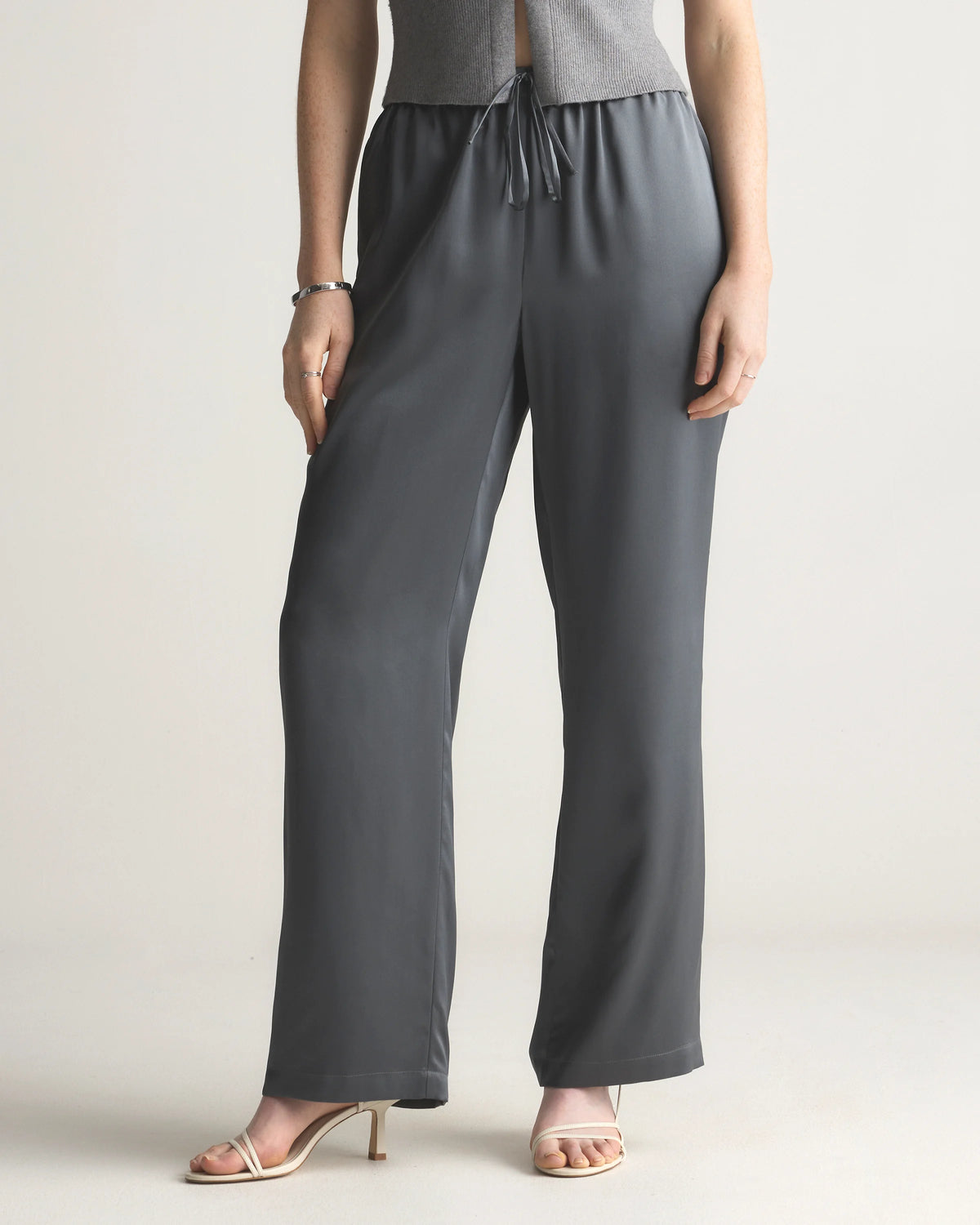 100% Washable Silk Drawstring Wide Leg Pants - XS / Champagne