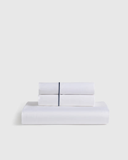 Signature Giza Cotton Sateen Embroidered Fitted Sheet Set - Twin / White/Dried Sage