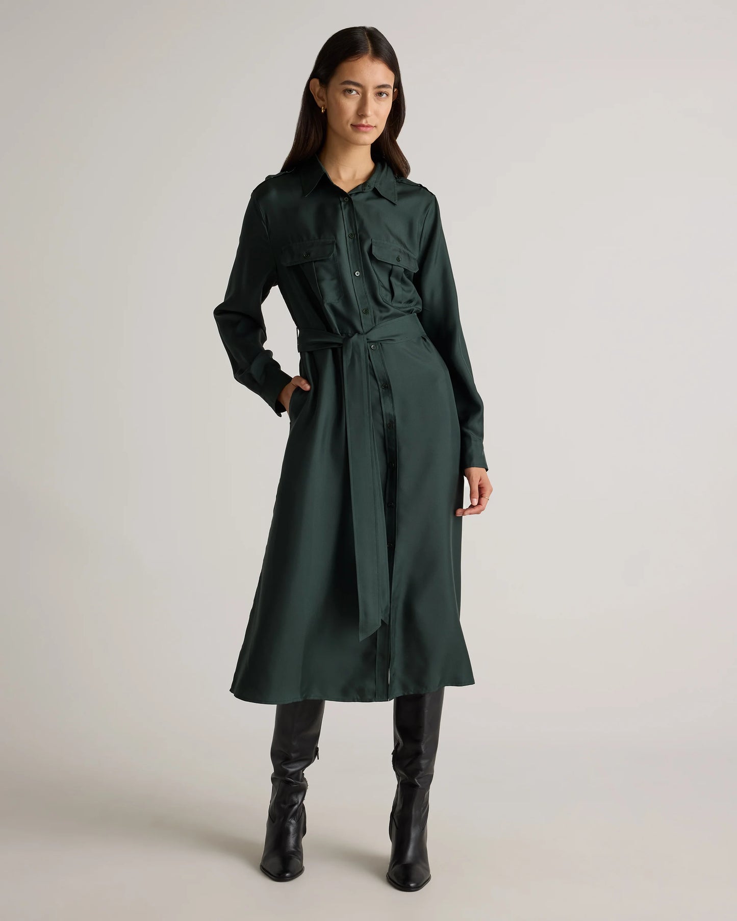 100% Silk Twill Utility Shirt Dress - XS / Hot Fudge