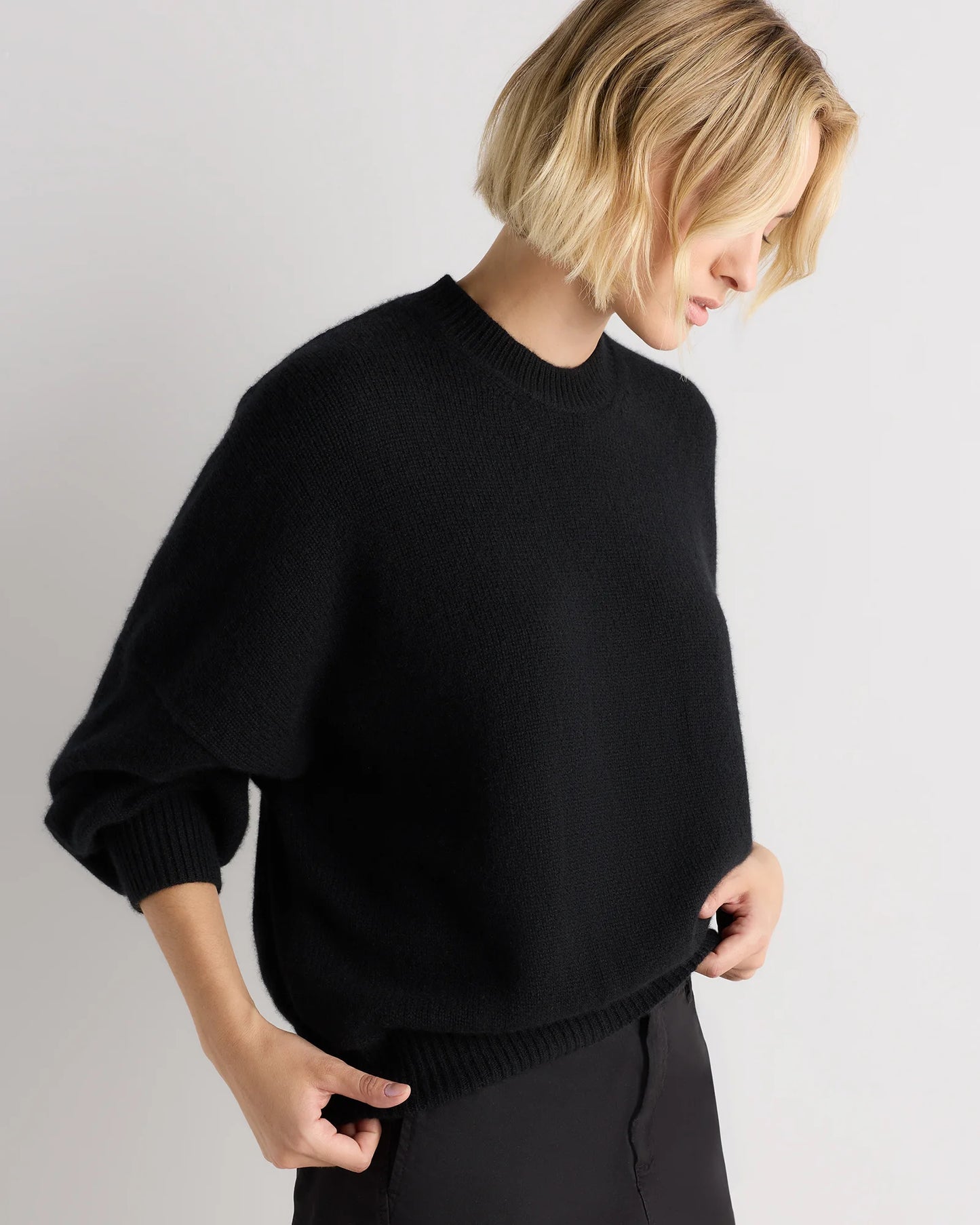 100% Mongolian Cashmere Slouchy Blouson Sleeve Crewneck - XS / Black
