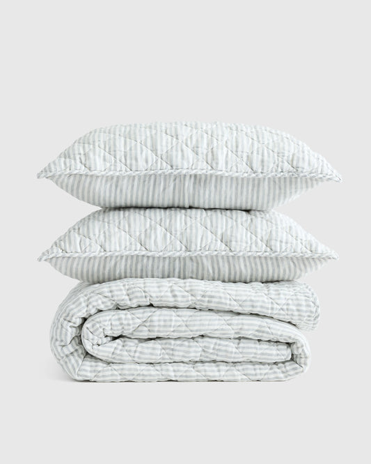 European Linen Stripe Quilt Set - Twin / Natural/White Stripe