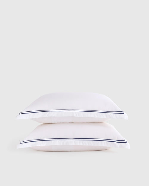 Organic Crisp Percale Embellished Sham Set - Standard / White/Navy