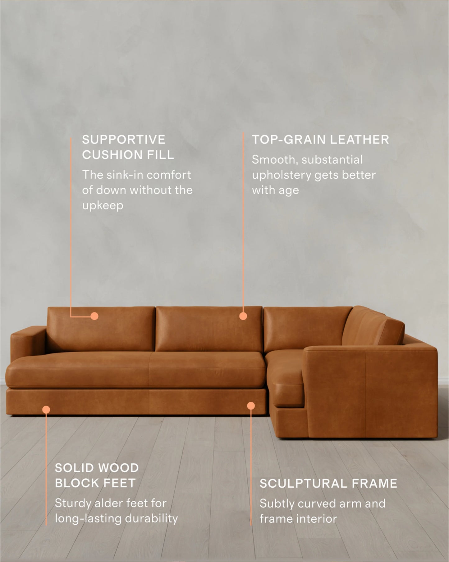 Sierra Curved Arm L Sectional in Leather - Right Arm / Auburn