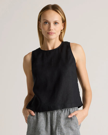 100% European Linen Cropped Tank - XS / Taupe Brown Gingham