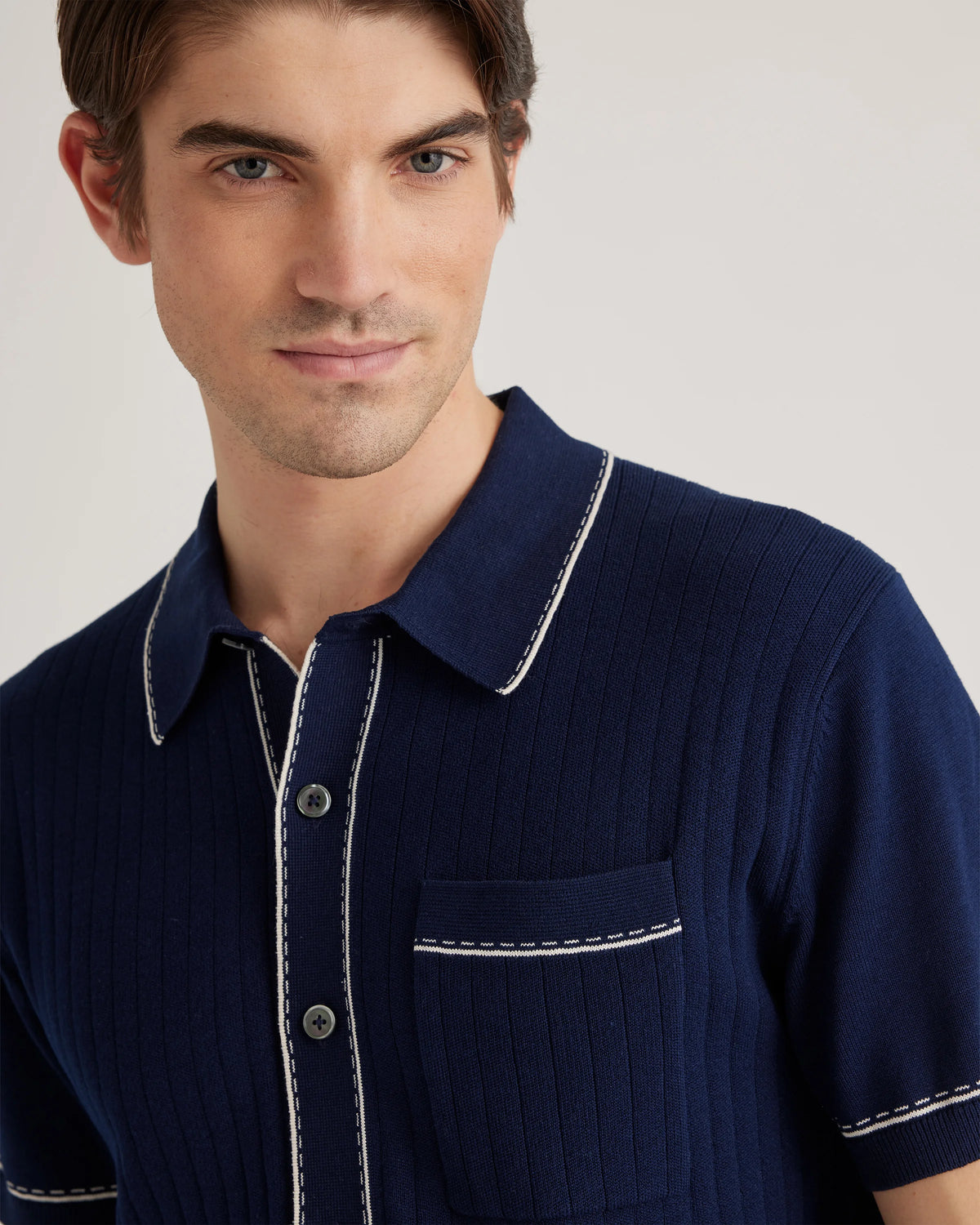 Organic Cotton-Silk Tipped Button Down Polo Sweater - S / Navy/Ivory