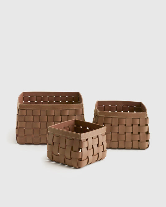 Recycled Woven Leather Baskets (set of 3) - One Size / Cognac
