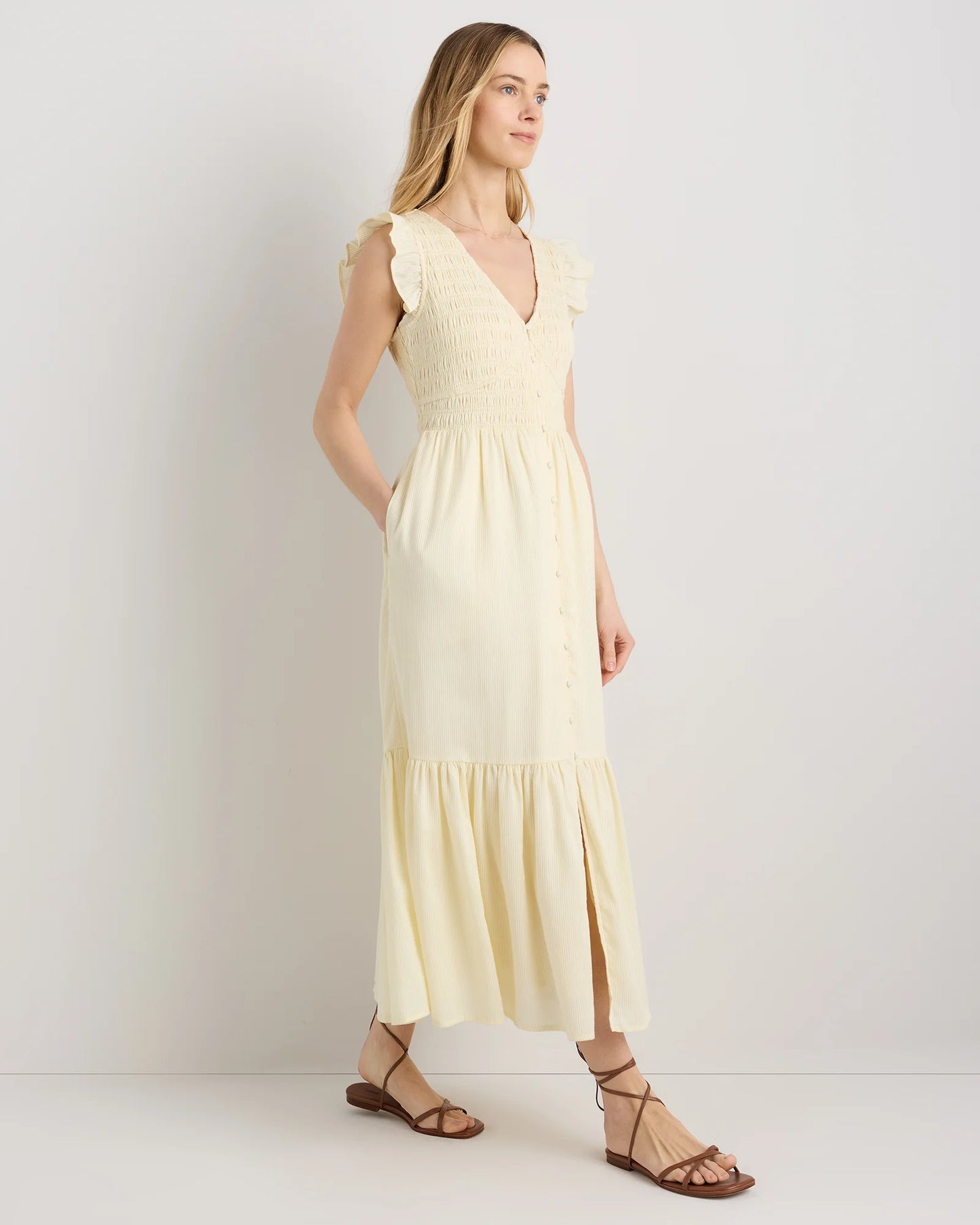 Organic Textured Cotton Smocked V-Neck Midi Dress - XS / Pale Custard Yellow