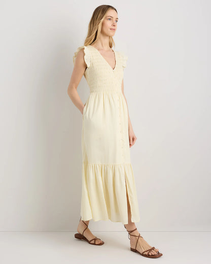 Organic Textured Cotton Smocked V-Neck Midi Dress - XS / Pale Custard Yellow