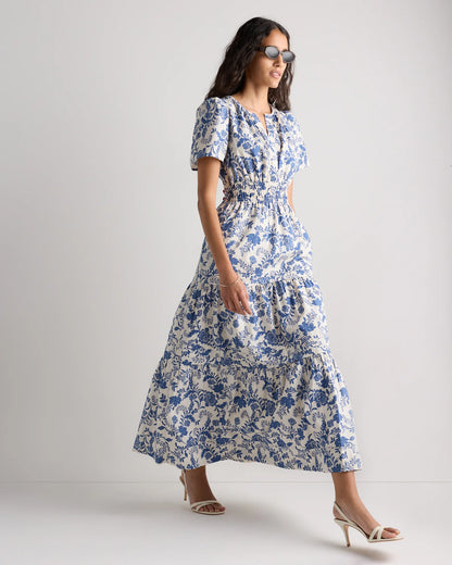 100% Organic Cotton Poplin Tiered Maxi Dress - XS / Riviera Blue Heirloom Floral