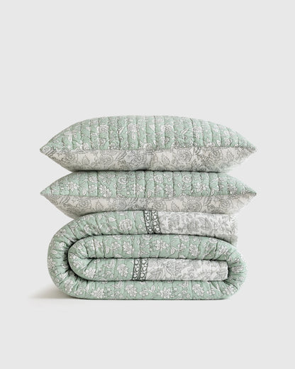 Organic Cotton Block Print Quilt Set - Twin / Green