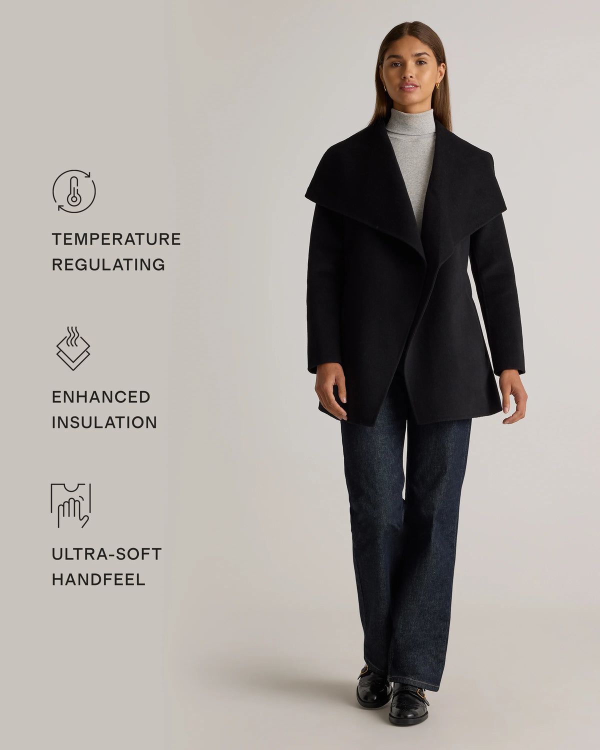Double-Faced Merino Wool Draped Collar Short Wrap Coat - XS / Cocoa Melange