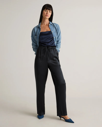 100% Washable Silk Drawstring Wide Leg Pants - XS / Champagne