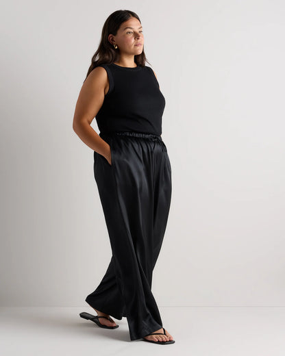 100% Washable Silk Drawstring Wide Leg Pants - 1X / Black