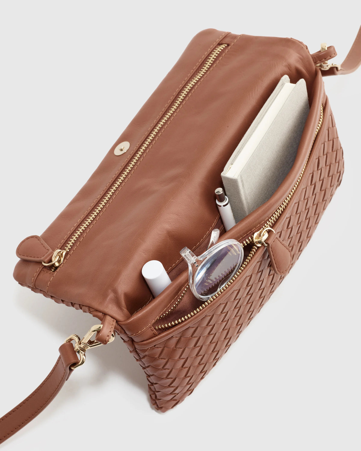 Italian Leather Handwoven Convertible Clutch - One Size / Cognac