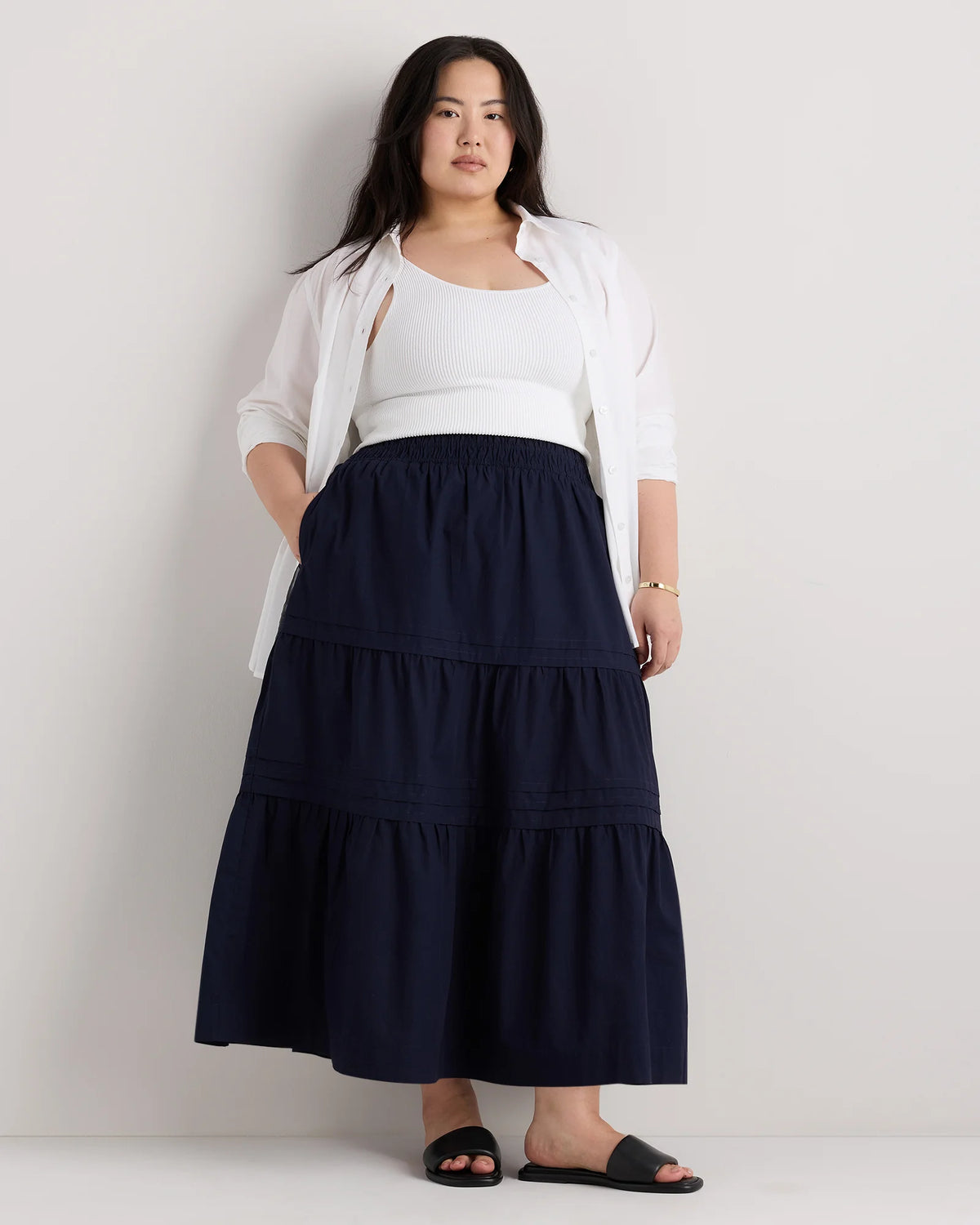100% Organic Cotton Poplin Tiered Maxi Skirt - 1X / Black