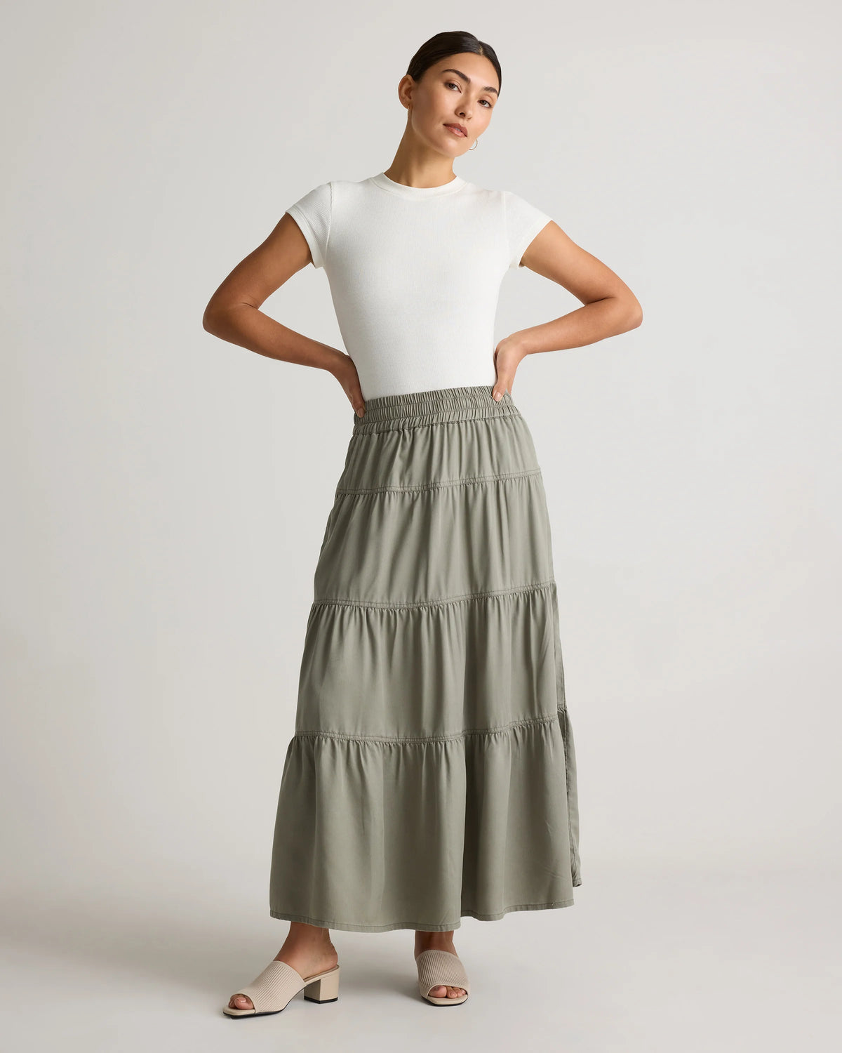 Vintage Wash Tencel Tiered Maxi Skirt - XS / Olive