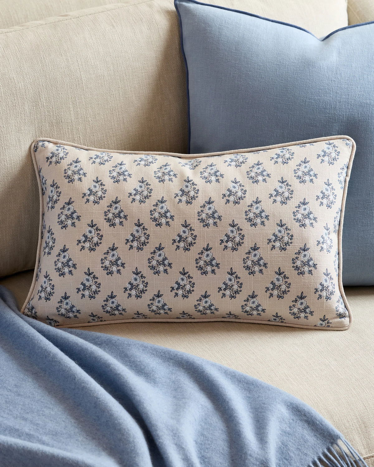 Piped Block Print Cotton Pillow Cover - 12x20 / Natural