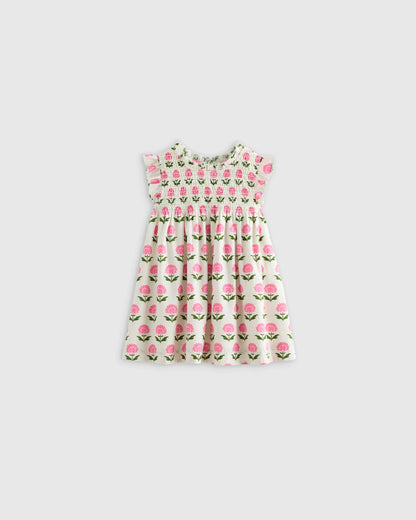 100% Organic Cotton Poplin Smocked Flutter Sleeve Dress - 3-6M / Blue Ditsy Floral