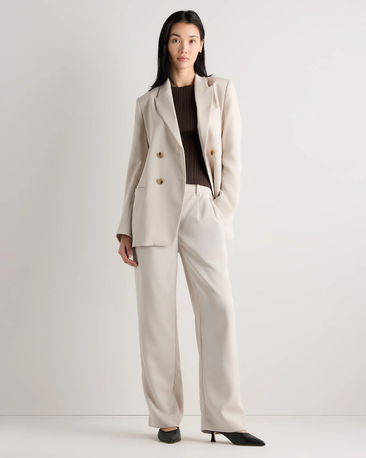 Stretch Crepe Relaxed Double-Breasted Blazer - XS / Sand