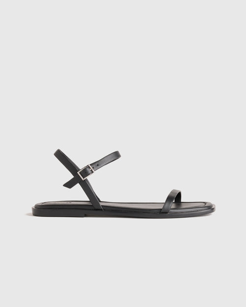 Italian Leather Ankle Strap Flat Sandal - 5 / Black