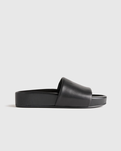 Italian Leather Platform Slide Sandal - 5 / Black
