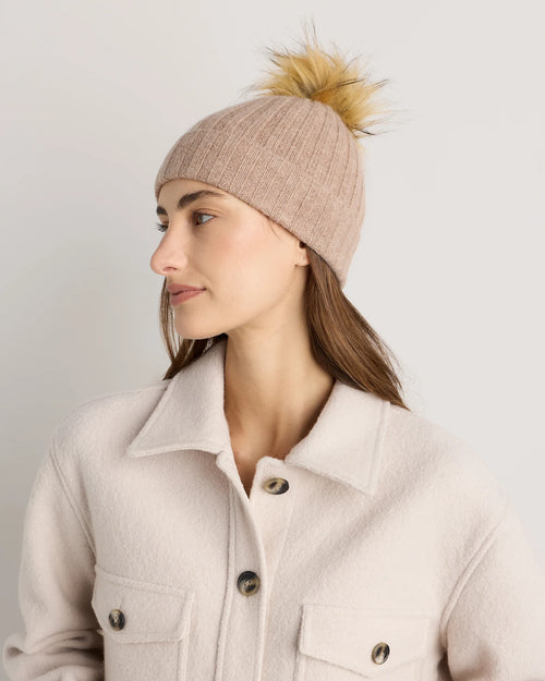 Mongolian Cashmere Pom Pom Beanie - One Size / Oatmeal